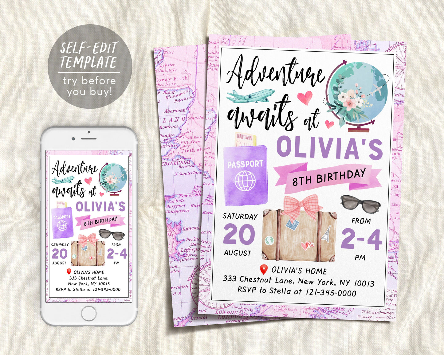 Adventure Awaits Travel Girl Birthday Party Invitation Editable Template, Around the World Pink Purple Vintage Map Passport Digital Invite