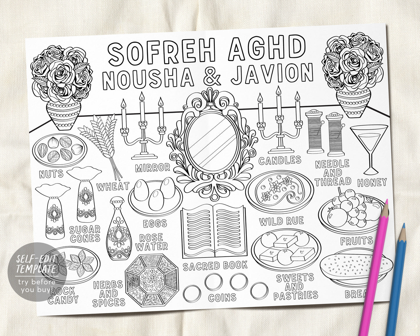 Sofreh Aghd Coloring Placemat For Kids Editable Template, Persian Wedding Ceremony Items Coloring Page Craft Activity Sheet Table Mat Games