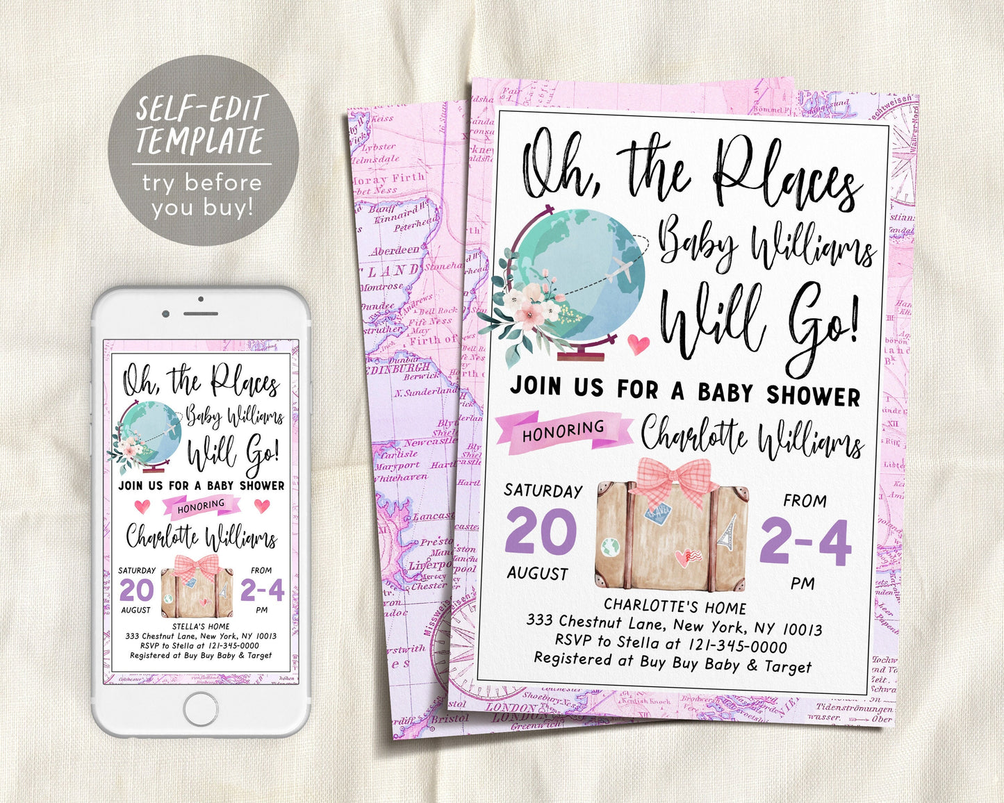 World Map Travel Globe Baby Girl Shower Invitation Editable Template, Oh The Places You Will Go Floral Evite, Adventure Awaits Welcome World