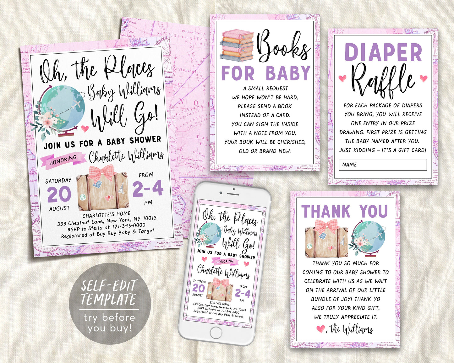 World Map Travel Globe Girl Baby Shower BUNDLE Invitation Suite Set Editable Template, Floral Books Baby Diaper Raffle Thank You Adventure