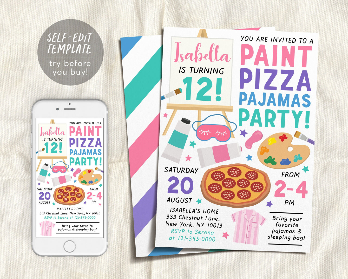 Paint Pizza and Pajamas Party Birthday Invitation Editable Template, Art Painting Party Evite, Girl Slumber Sleepover Party Dress for a Mess