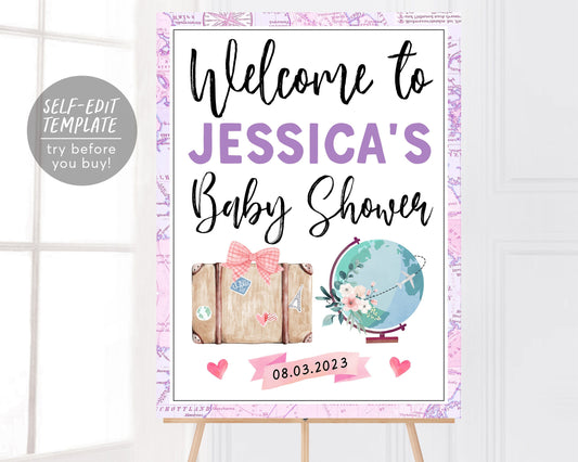 Travel Themed Girl Baby Shower Welcome Sign Editable Template, Adventure Floral Globe Unisex Shower Sign Sprinkle Poster Signage Decorations