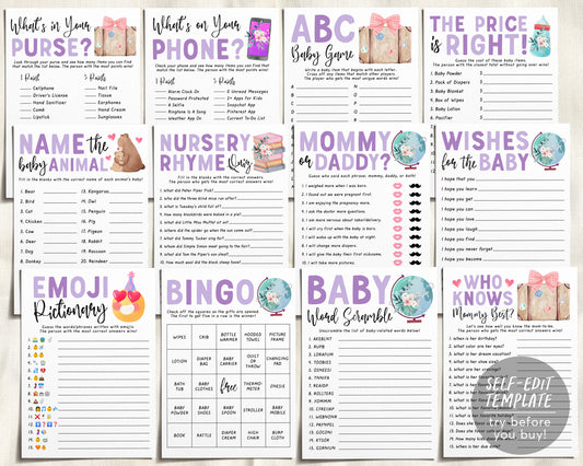 Travel Adventure Girl Baby Shower Games Bundle Editable Template, Floral 12 Shower Games, Globe Themed Bingo Word Scramble, What's On Phone