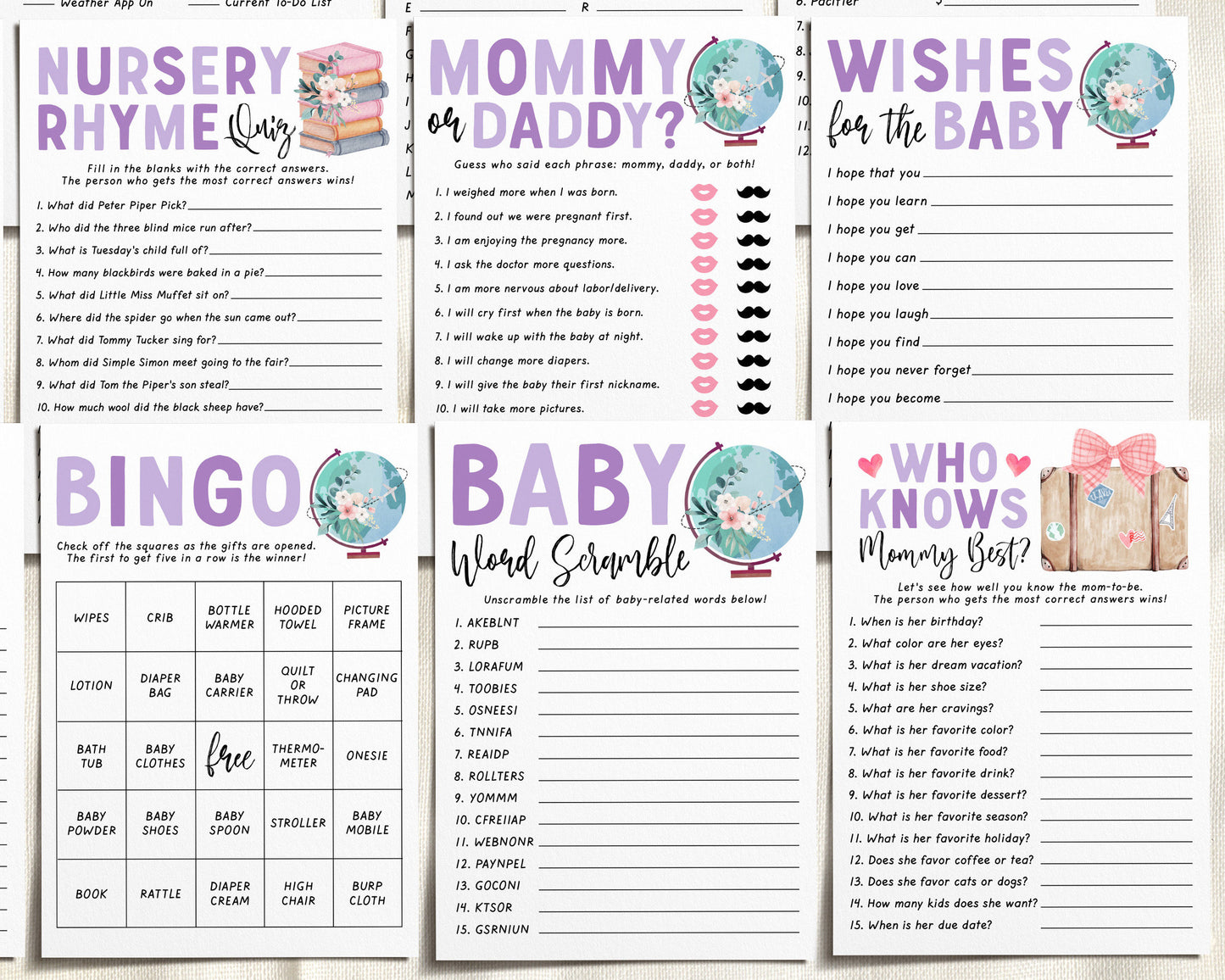 Travel Adventure Girl Baby Shower Games Bundle Editable Template, Floral 12 Shower Games, Globe Themed Bingo Word Scramble, What's On Phone