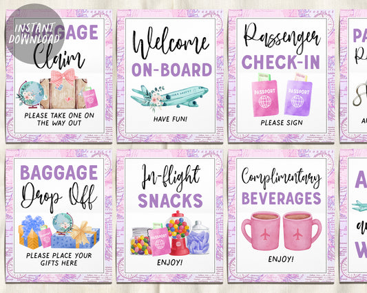 Airplane Travel Signs BUNDLE For Wedding Baby Shower Birthday, Floral Airline Themed Birthday Table Decor, Around the World Adventure Bridal