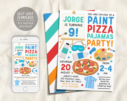 Paint Pizza and Pajamas Party Birthday Invitation Editable Template, Art Painting Party Evite, Boy Slumber Sleepover Party Dress for a Mess