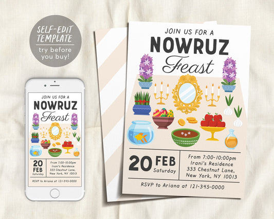Nowruz Mubarak Happy Persian New Year Party Invitation Editable Template, Haft Sin Spread Table Decoration, Nowruz Feast, Spring Norooz
