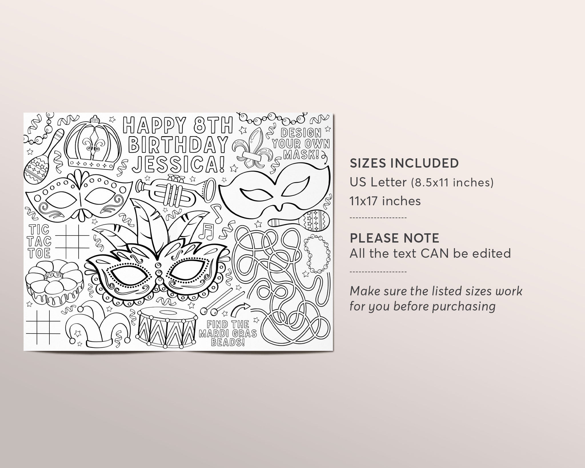Mardi Gras Coloring Placemat For Kids Editable Template, Masquerade Ba ...