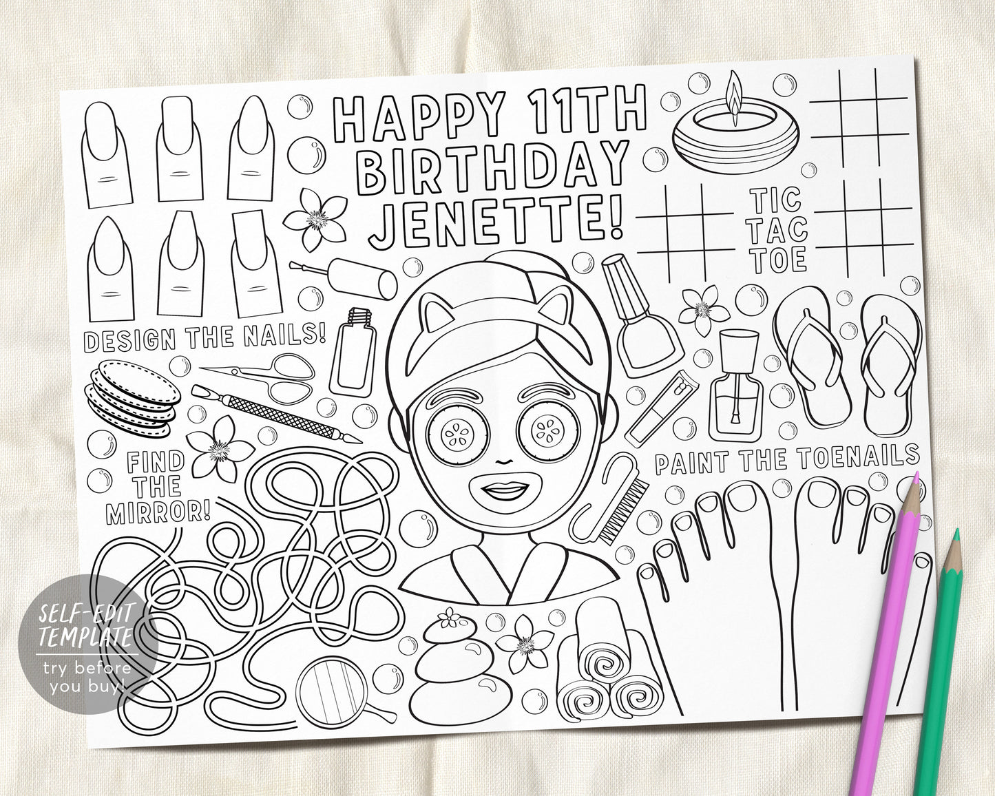 Spa Party Coloring Placemat For Kids Editable Template Pamper Manicure Birthday Coloring Page Craft Activity Sheet Table Mat Printable Games