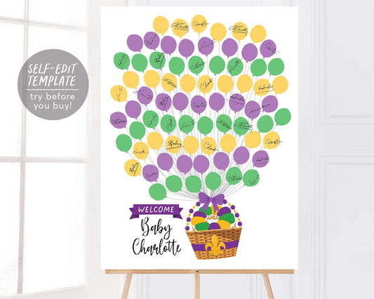 Mardi Gras Balloon Baby Shower Guest Book Christening Alternative Editable Template, Kings Cake Fat Tuesday Guestbook Sign, Unisex Sign-In