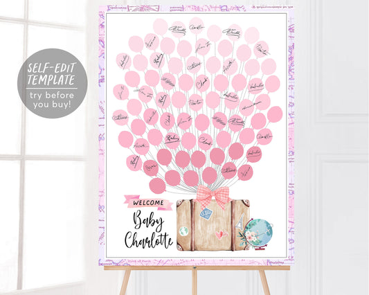 World Map Travel Theme Girl Baby Shower Balloon Guest Book Alternative Editable Template, Adventure Floral Globe Map Pink Guestbook Sign In