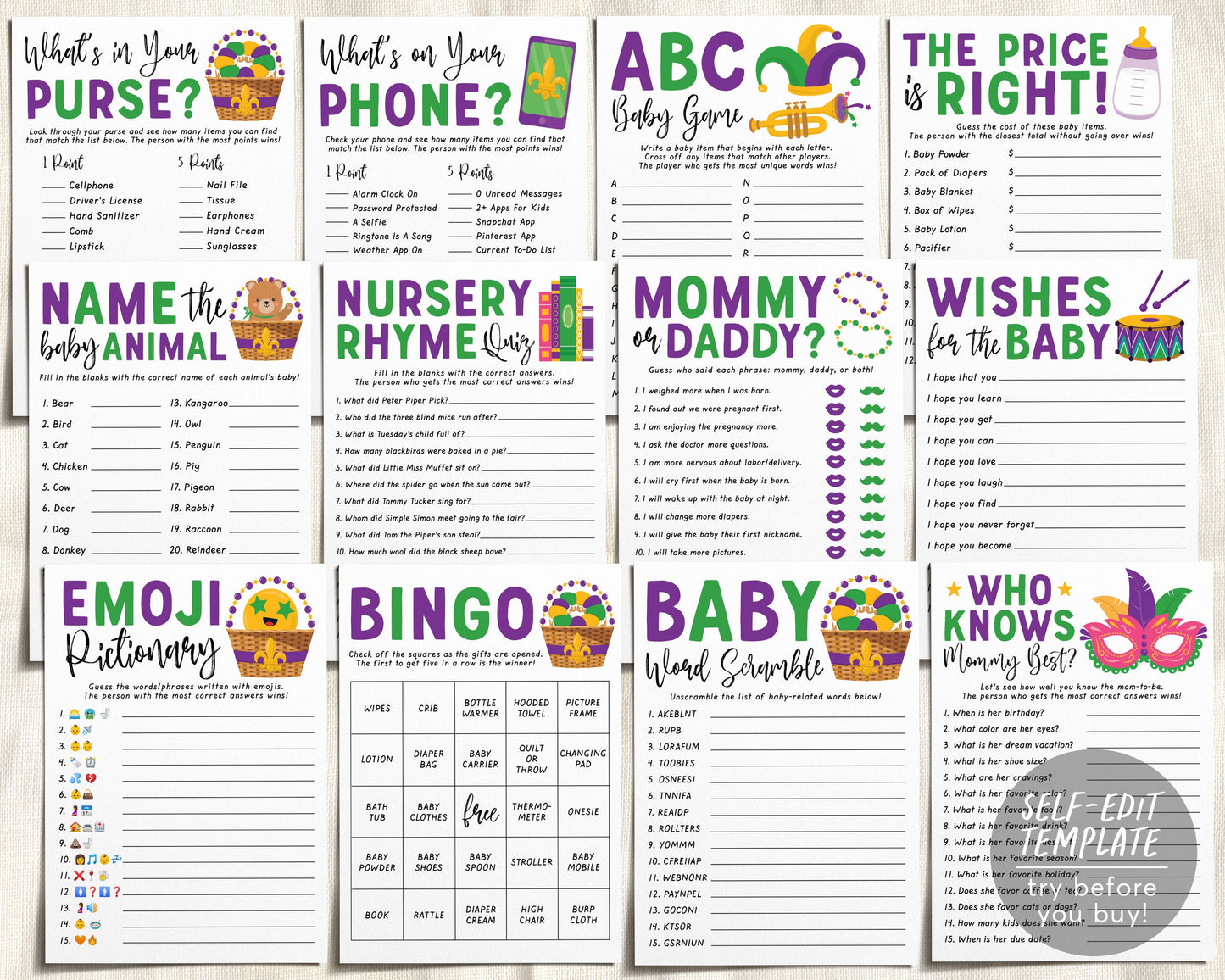 Mardi Gras Baby Shower Games Bundle Editable Template, Unisex 12 Shower Games, Fat Tuesday Themed Bingo Word Scramble, What's On Your Phone