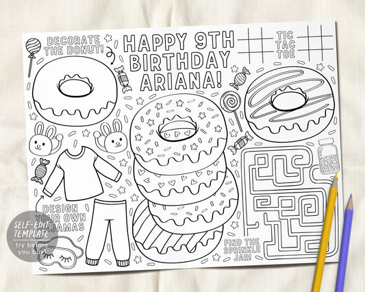 Donuts and Pajamas Birthday Party Coloring Placemat For Kids Editable Template, PJ Party Sleepover Coloring Page Activity Sheet Table Mat