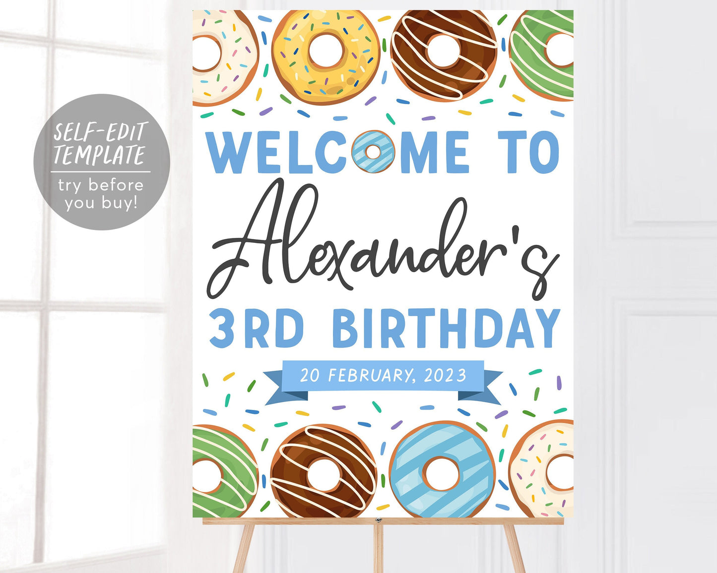 Donut Welcome Sign Boy Birthday Party Editable Template, Doughnut Themed Poster Sprinkles 1st Birthday Sweet One Decoration Instant Download