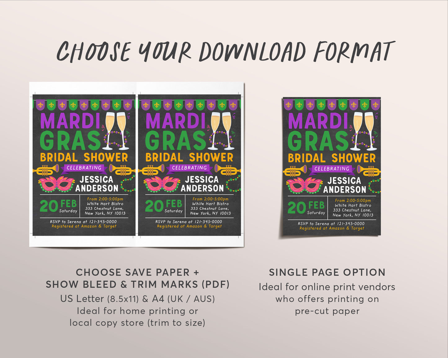 Mardi Gras Bridal Shower Invitation Editable Template, Miss to Mrs Couples Shower Wedding Invite Evite, Fat Tuesday Engagement Party