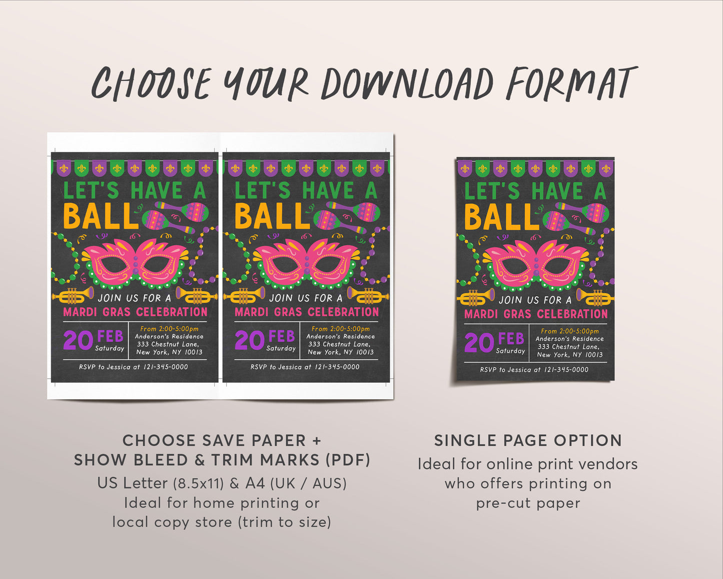 Mardi Gras Invitation Editable Template, Lets Have A Ball Invite, Fat Tuesday Party Printable, New Orleans Masquerade Party Carnival