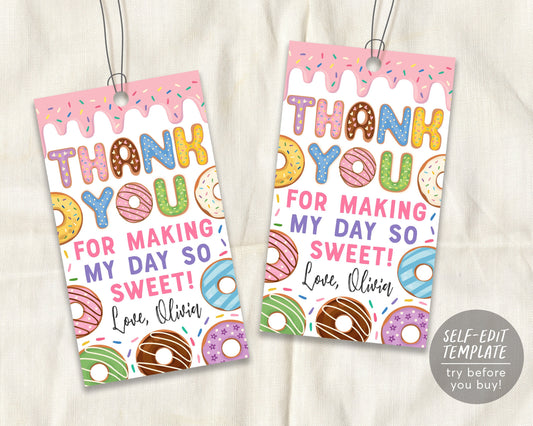 Donut Thank You Tags Editable Template, Donut Sprinkles Girl Birthday Party Favor Tag, Sweet One Doughnut Decoration Decor Favour Printable