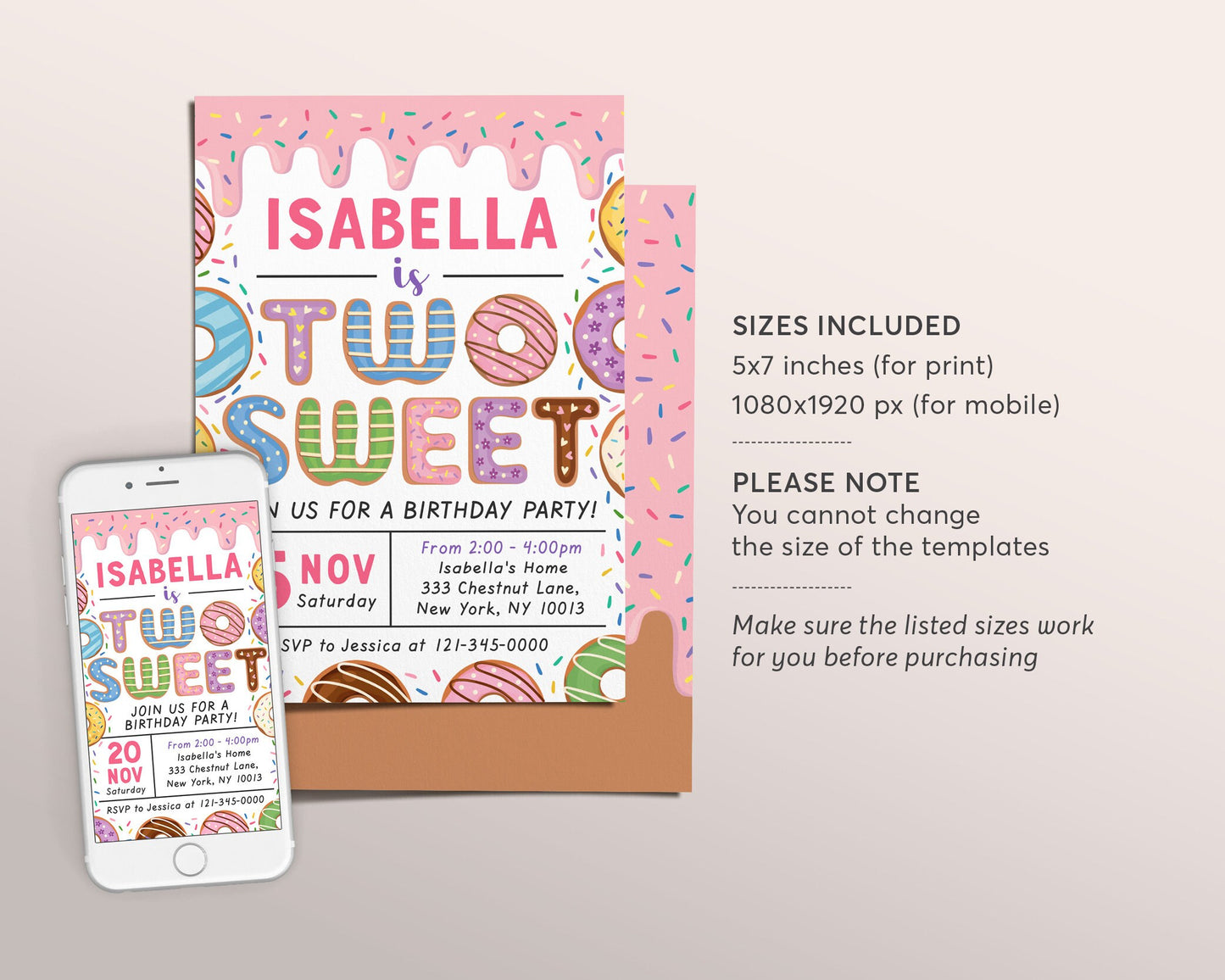Donut Two Sweet Birthday Party Invitation Editable Template, Baby Girl 2nd Birthday Invite Printable, Cute Second Birthday Rainbow Sprinkle