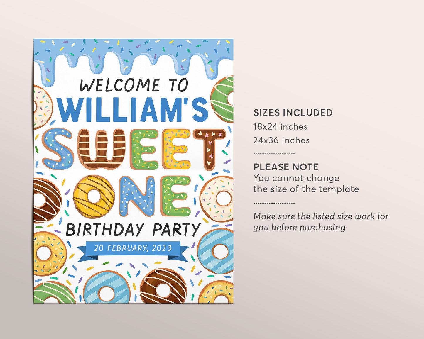 Donut Welcome Sign Boy Sweet One Party Editable Template, Donut First Birthday Party Poster Decor Printable File, Doughnut Themed Sprinkles