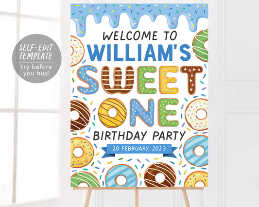 Donut Welcome Sign Boy Sweet One Party Editable Template, Donut First Birthday Party Poster Decor Printable File, Doughnut Themed Sprinkles