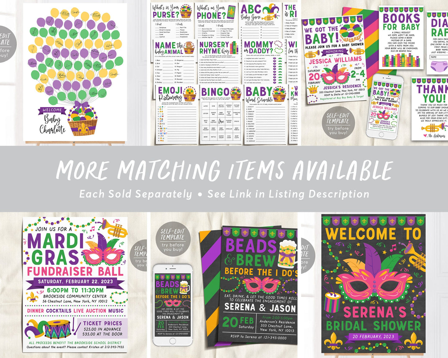 Mardi Gras Baby Shower BUNDLE Invitation Suite Set Editable Template, Books For Baby Diaper Raffle Thank You, Unisex We got the Baby