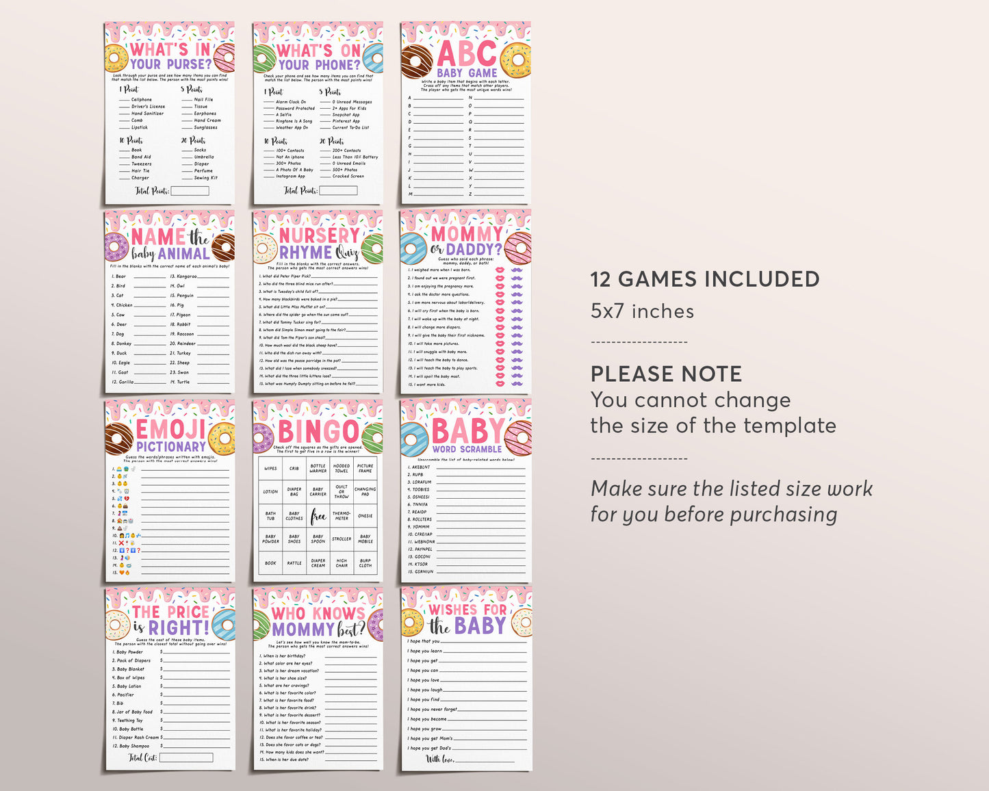 Donut Baby Shower Games Package Bundle Editable Template, Girl Pink Donut, Donuts And Diapers Baby Sprinkle, Doughnut 12 Shower Games