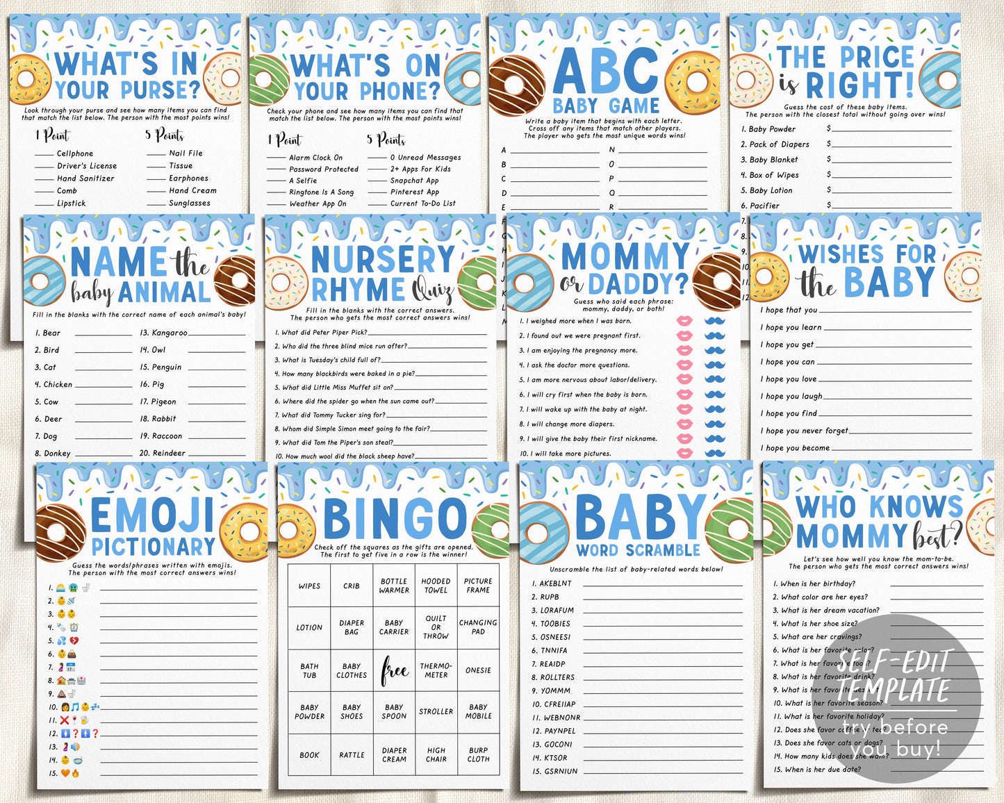 Donut Baby Shower Games Package Bundle Editable Template, Girl Boy Donut, Donuts And Diapers Baby Sprinkle, Doughnut 12 Shower Games