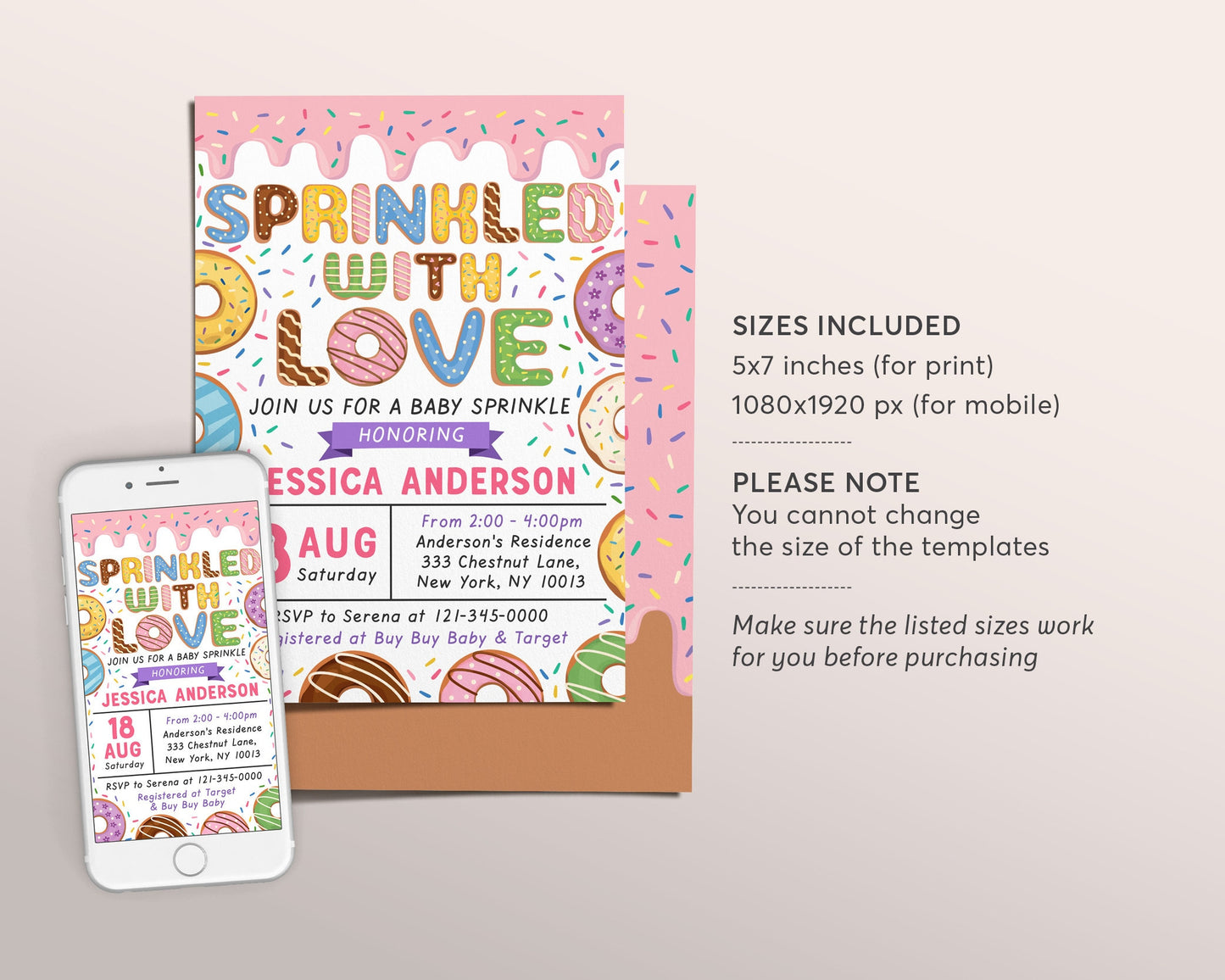 Donut Baby Sprinkle Baby Shower Invitation Editable Template, Girl Pink Donut Sprinkled With Love Invite Evite, Donuts and Diapers Printable