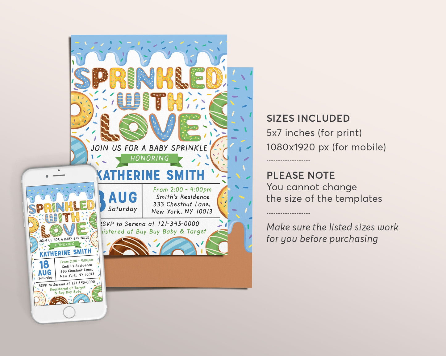 Donut Baby Sprinkle Baby Shower Invitation Editable Template, Boy Pink Donut Sprinkled With Love Invite Evite, Donuts and Diapers Printable