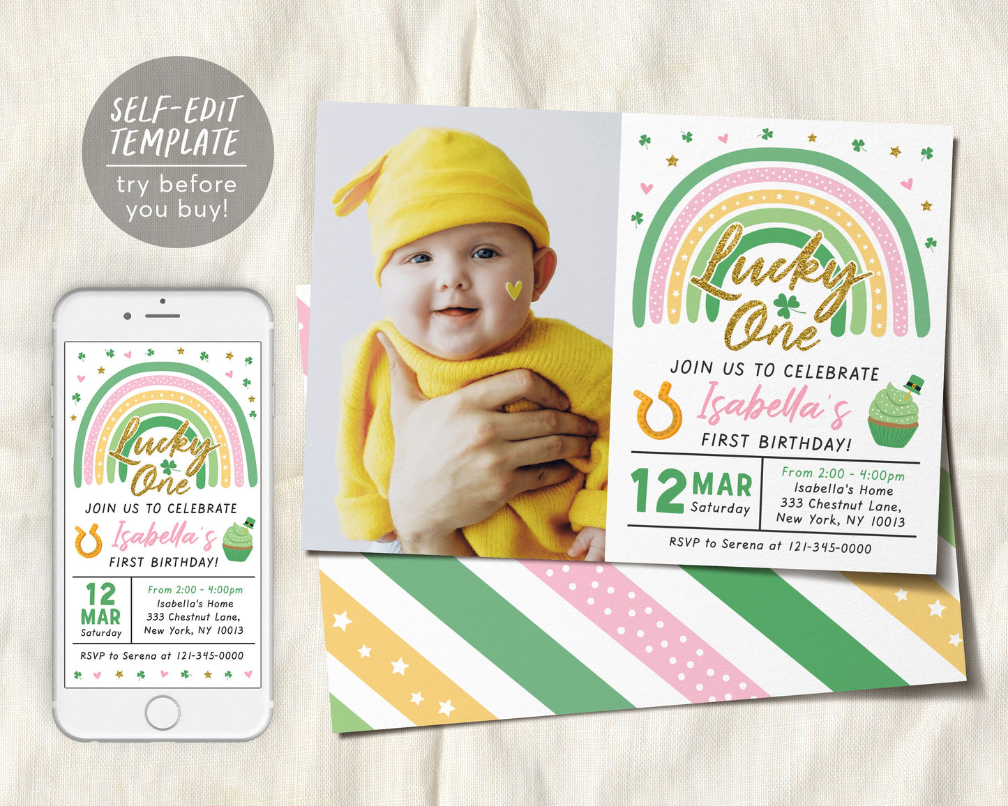 St. Patricks Day First Birthday Invitation With Photo Editable Template, Lucky One GIRL Shamrock Green Rainbow Party Invite Printable Evite