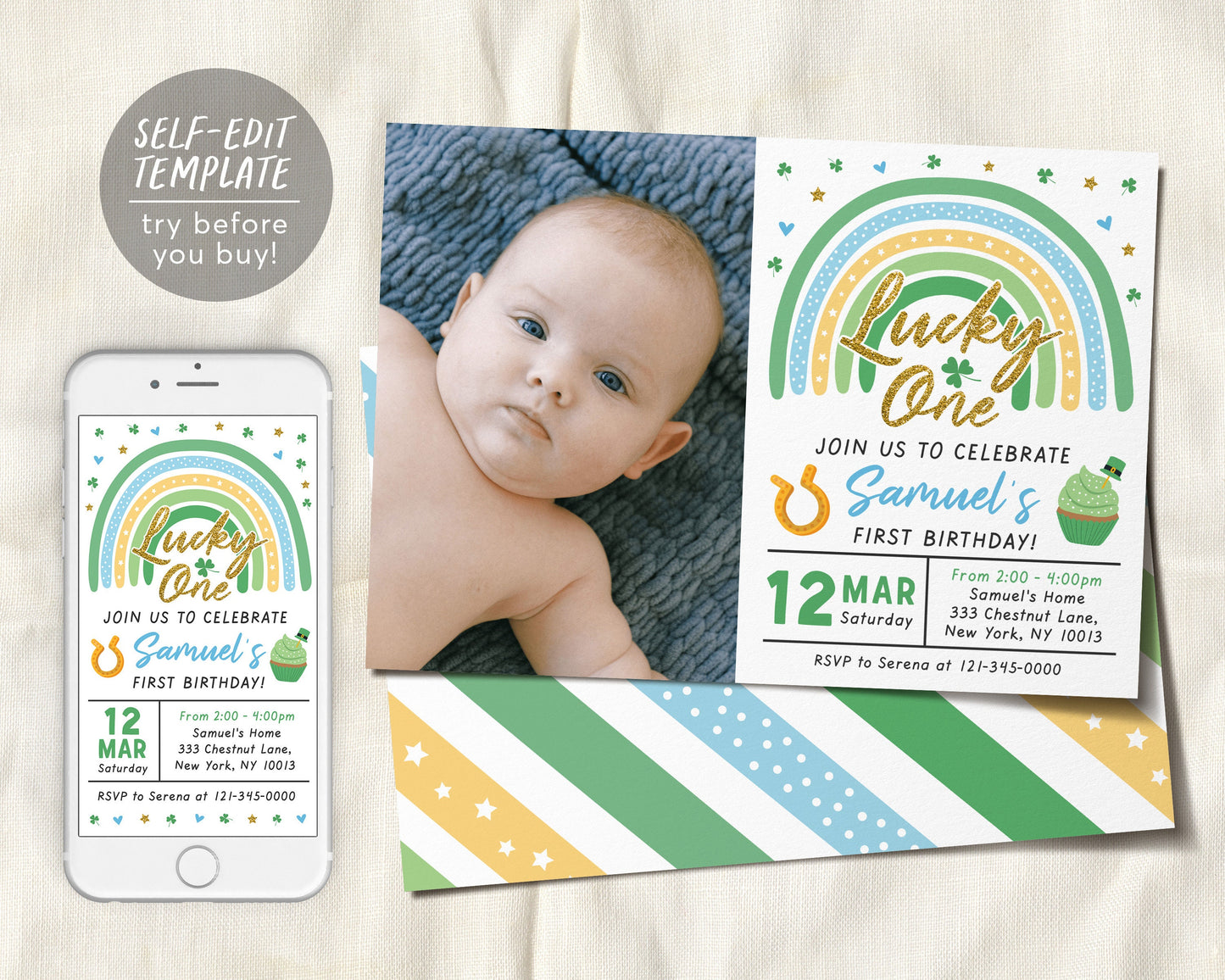 St. Patricks Day First Birthday Invitation With Photo Editable Template, Lucky One BOY Shamrock Green Rainbow Party Invite Printable Evite