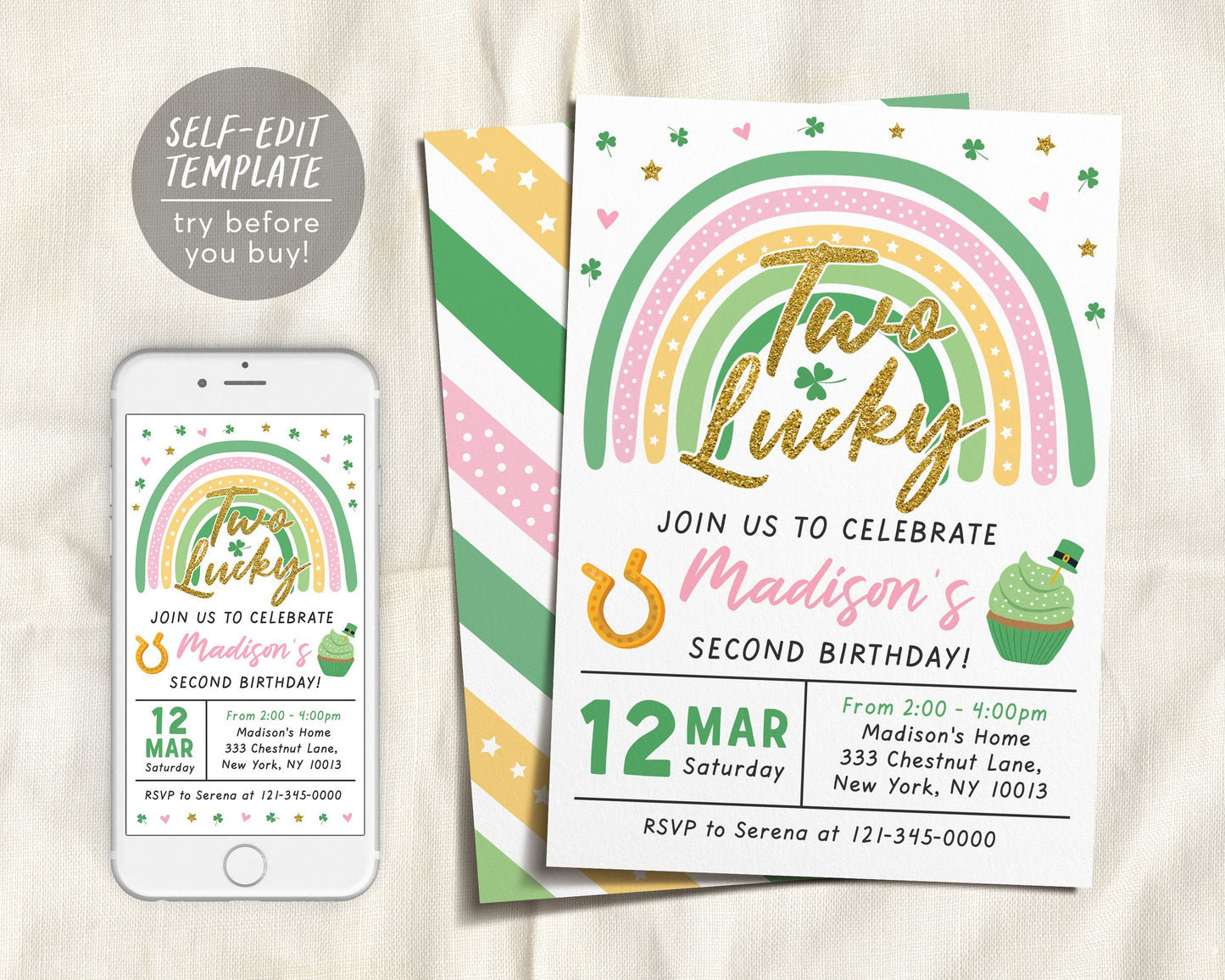 St. Patricks Day Birthday Invitation Editable Template, Two Lucky GIRL Shamrock Party Invite, Second 2nd Birthday, Rainbow Printable Evite