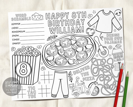 Pizza Popcorn and Pajamas Party Placemat Editable Template, Pizza Sleepover Coloring Page, Printable Movie Night Birthday Activity Table Mat