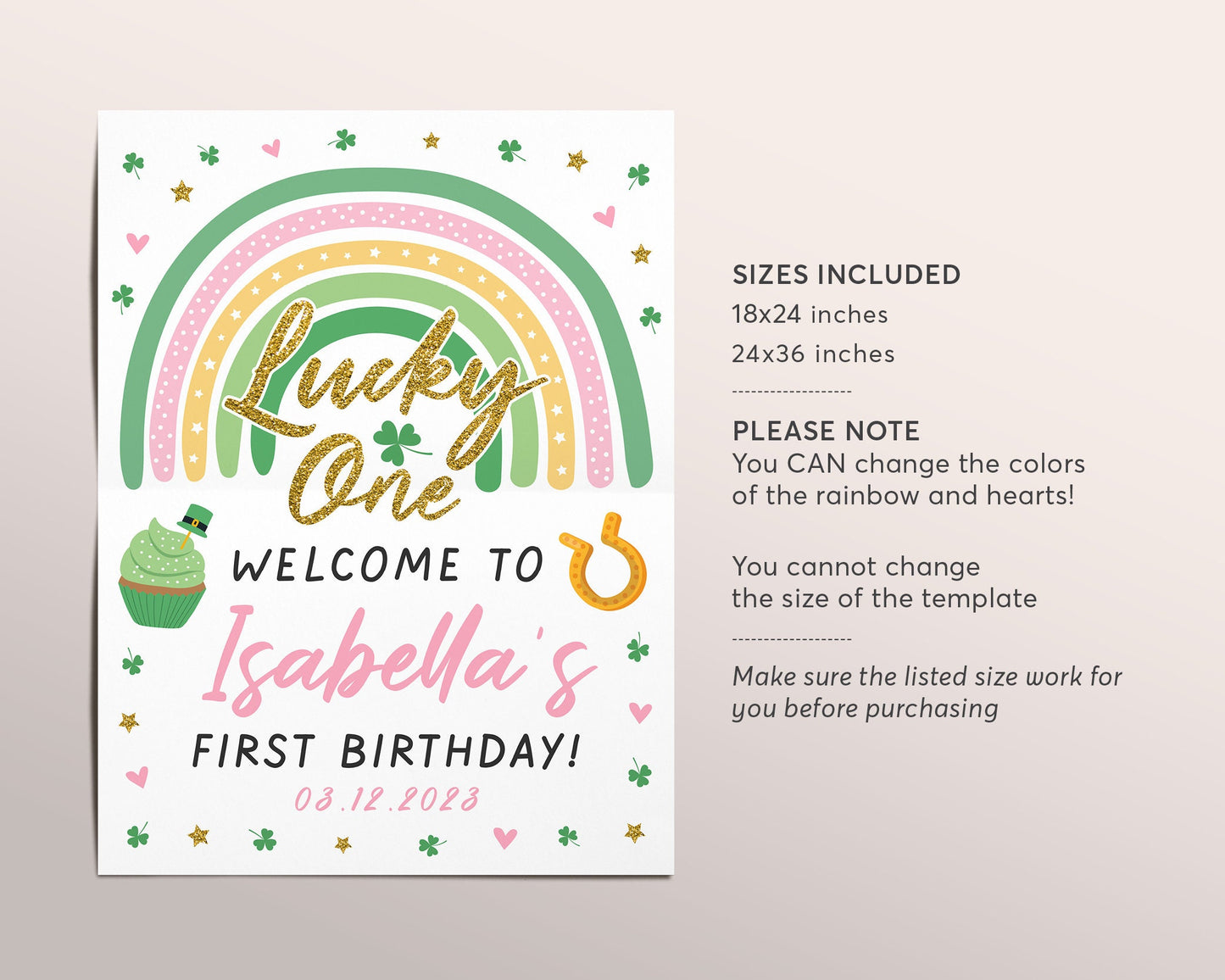 St Patricks Day Birthday Party Welcome Sign Editable Template, Girl First Birthday Poster Decor Printable, Rainbow Shamrock, St Pattys Day