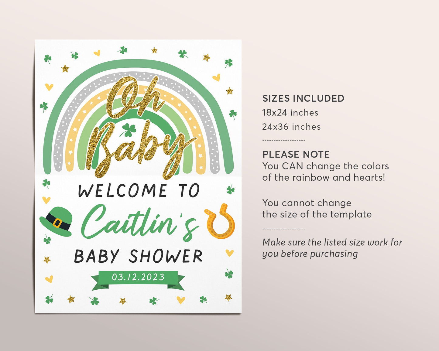 St Patricks Day Rainbow Unisex Baby Shower Welcome Sign Editable Template, Oh Baby Shamrock Shower Sign Sprinkle Poster Signage Decorations