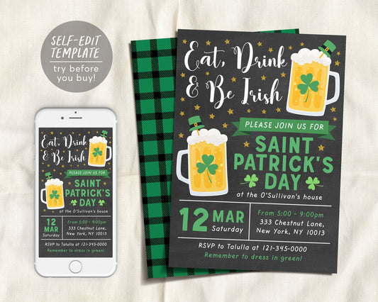 St. Patrick's Day Invitation Editable Template, Eat Drink & Be Irish Shamrock Adult Saint Patricks Day Party Invite, St Patty's Day Evite