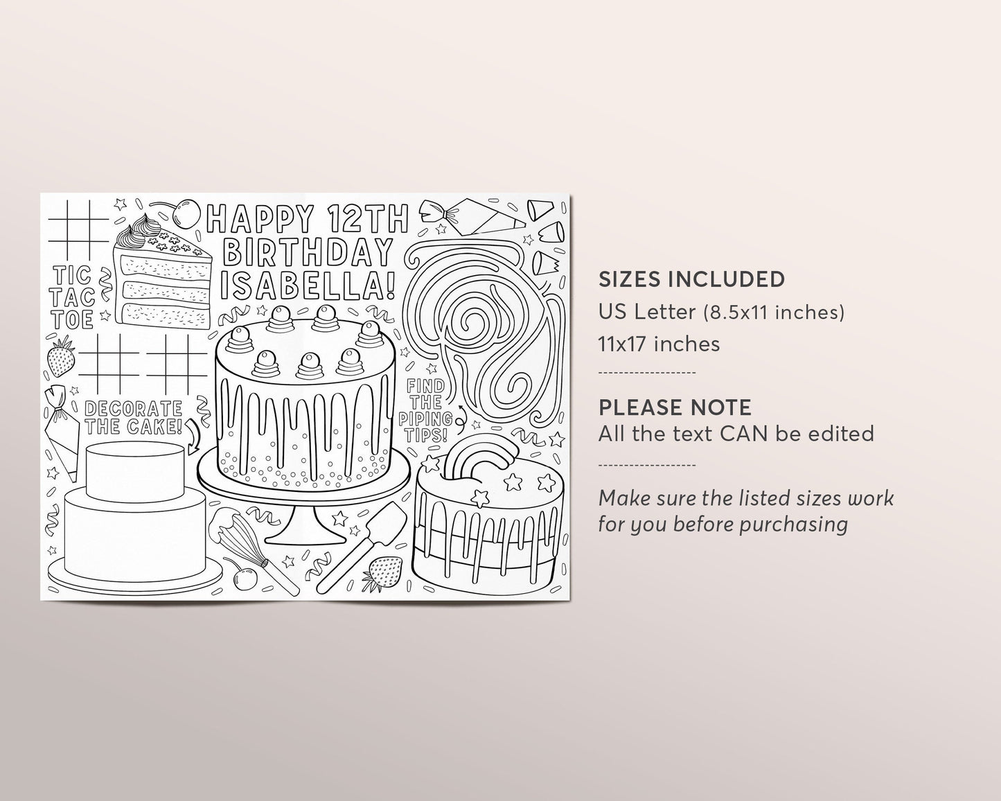 Cake Decorating Birthday Party Coloring Placemat For Kids Tween Teens Editable Template, Kids Cooking Girl Chef Coloring Page Craft Activity