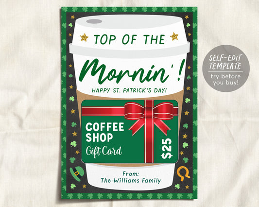 St. Patrick's Day Coffee Gift Card Holder Editable Template, Shamrock Coffee Tag, Teacher Nurse Staff Client Babysitter PTO, Thanks a Latte