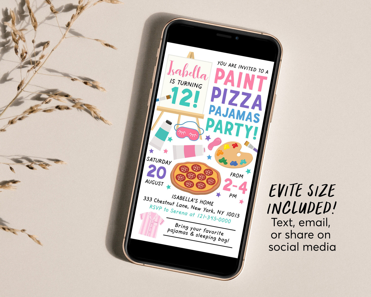 Paint Pizza and Pajamas Party Birthday Invitation Editable Template, Art Painting Party Evite, Girl Slumber Sleepover Party Dress for a Mess