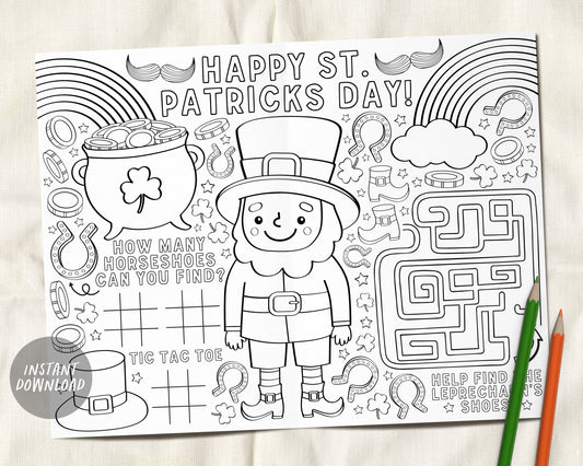St Patricks Day Coloring Placemat For Kids Printable, Saint Patty's Spring Coloring Page Activity Sheet Table Mat Games Instant Download