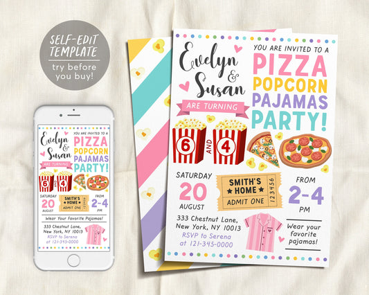 Pizza Popcorn and Pajamas Party Birthday Invitation Editable Template, Siblings Twins Double Party Movie Evite, Slumber Party Sleepover