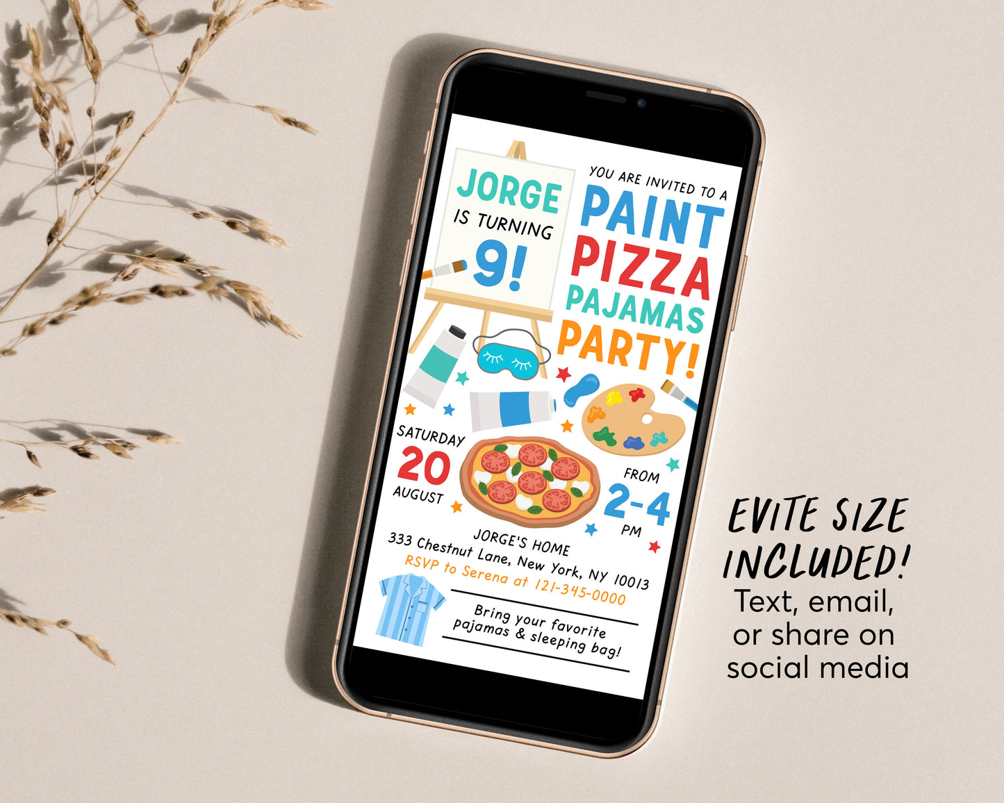 Paint Pizza and Pajamas Party Birthday Invitation Editable Template, Art Painting Party Evite, Boy Slumber Sleepover Party Dress for a Mess