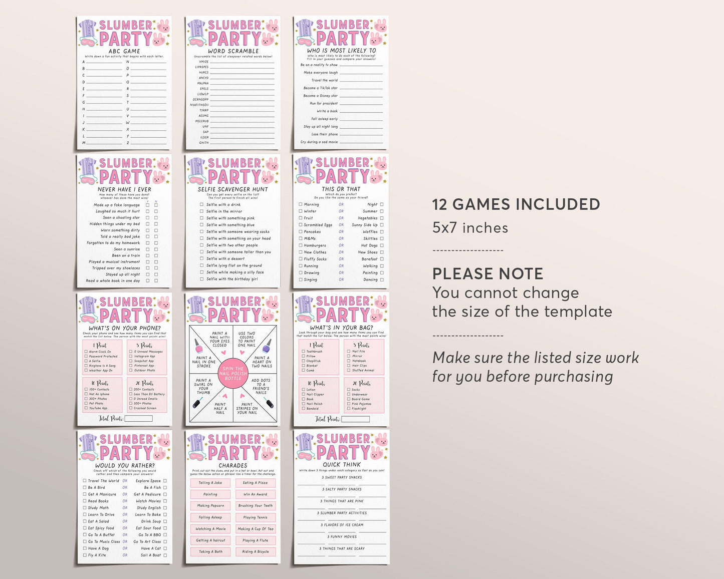 Slumber Party Games Bundle Package Printable, Pink Sleepover Game Spin The Nail Polish Charades Word Scramble Tween Teens Instant Download
