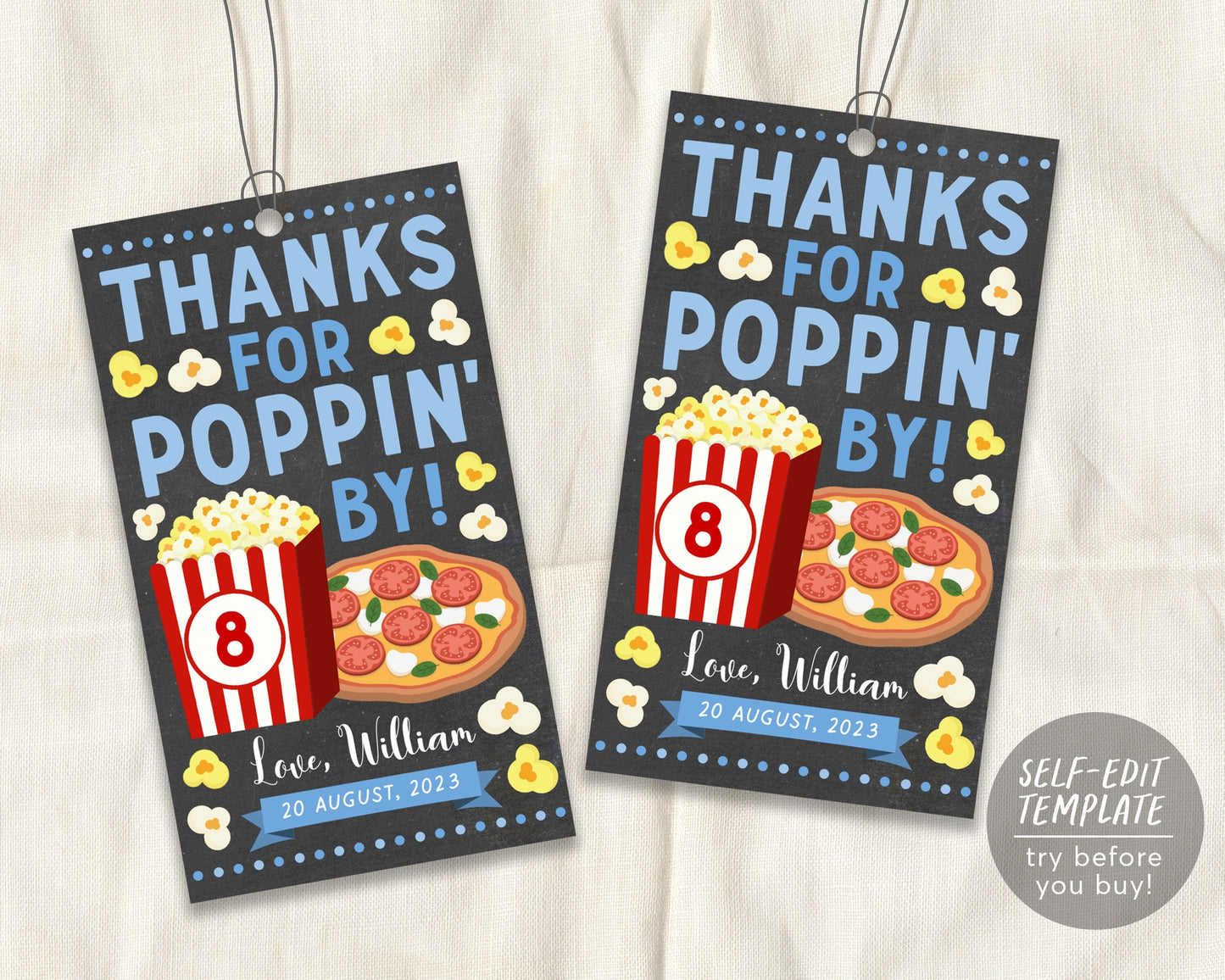 Popcorn Pizza Thank You Tags Editable Template, Thanks For Popping By BOY Sleepover Slumber Party Birthday Party Favor Tag Chalkboard Decor