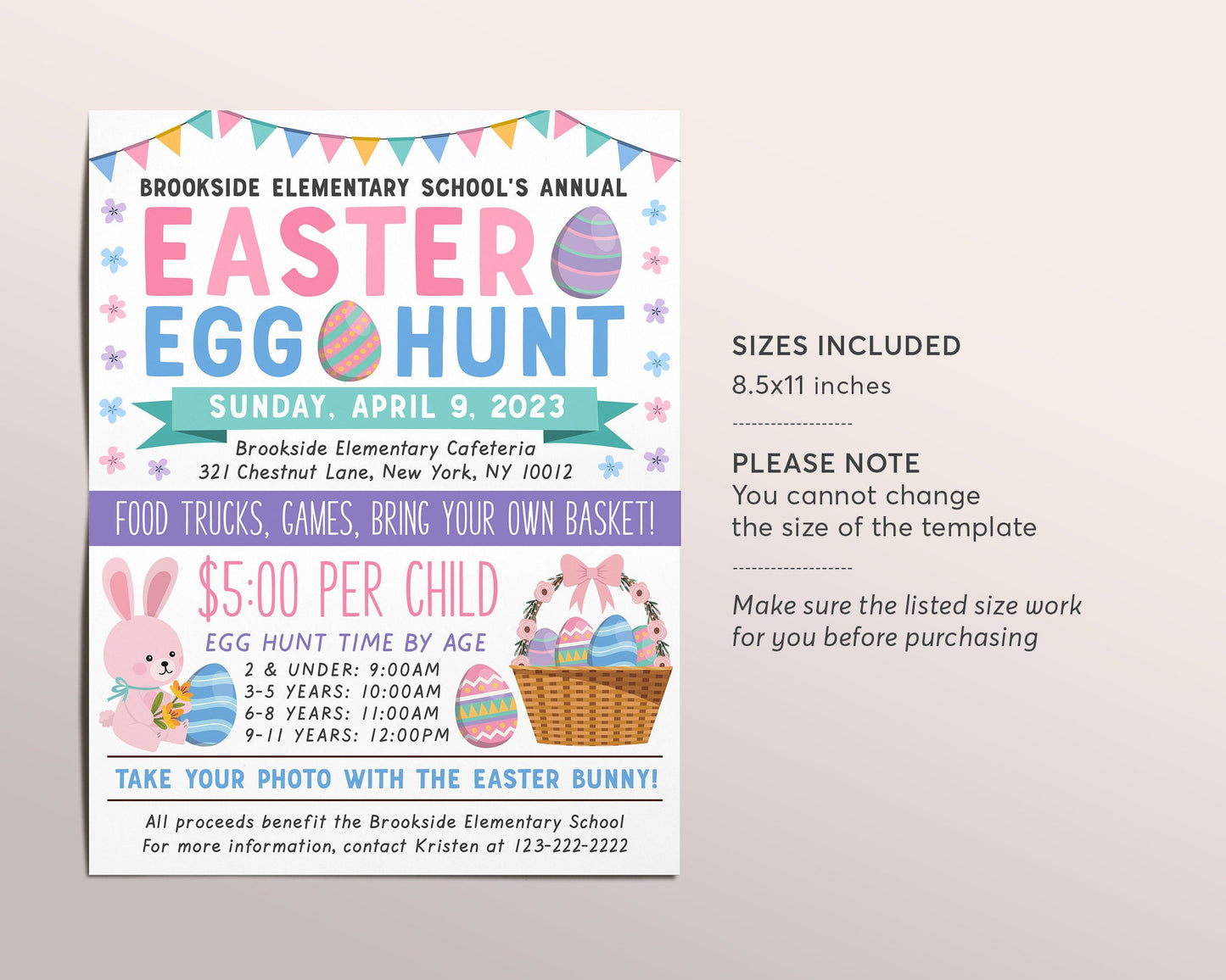 Easter Egg Hunt Fundraiser Flyer Editable Template, Kids Spring Easter Bunny Party Poster, School PTO PTA Church Nonprofit Charity Community