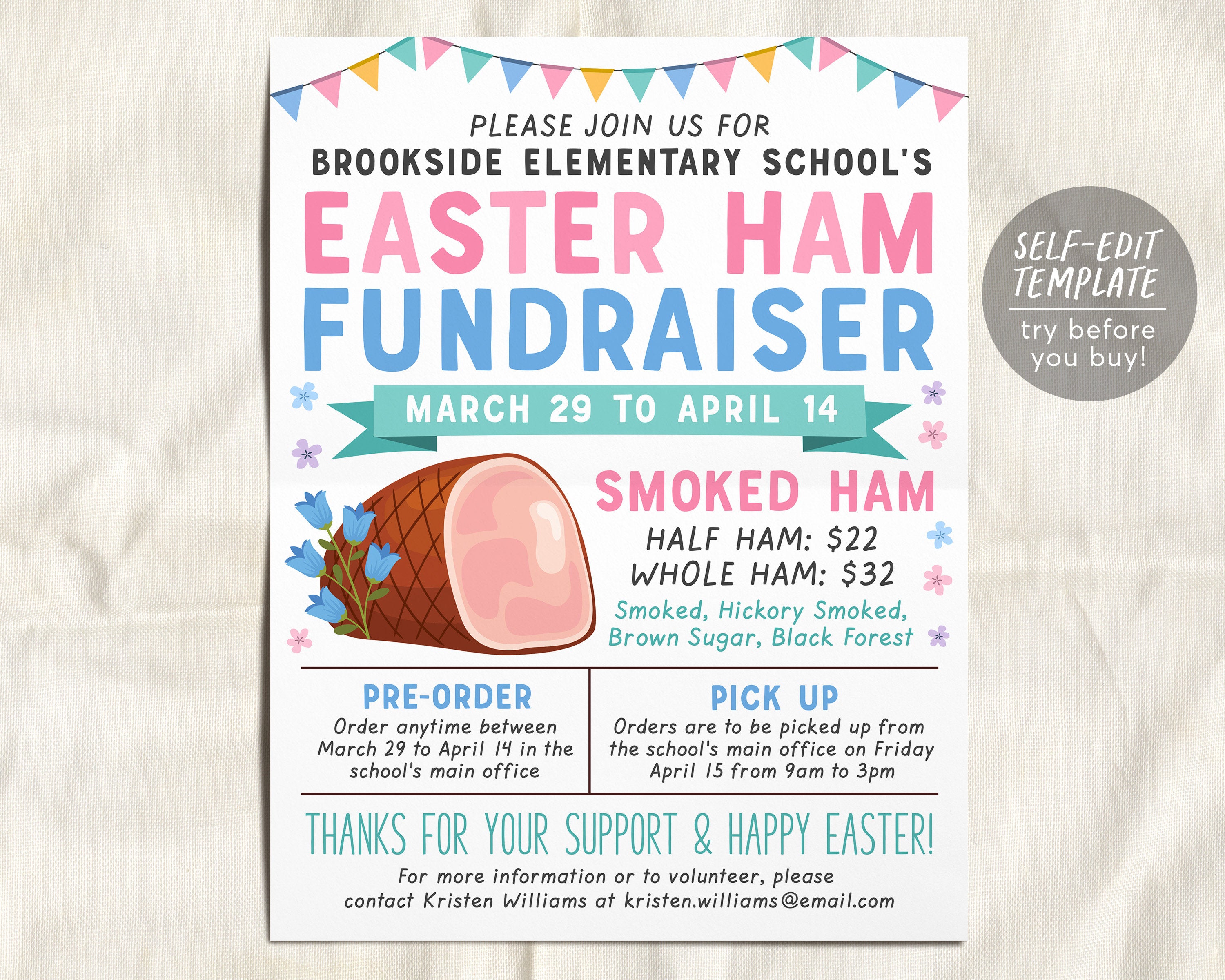 Easter Ham Raffle Easter Ham Fundraiser Flyer Editable Template, Spring Easter Sale Even ...