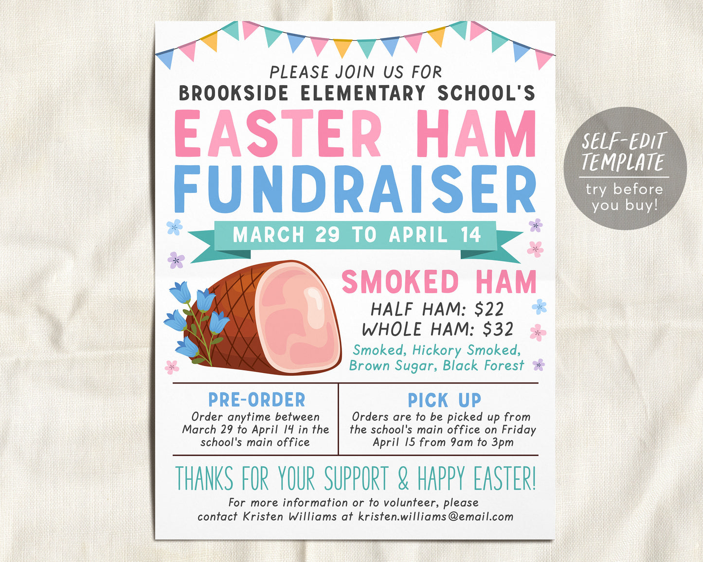 Easter Ham Fundraiser Flyer Editable Template, Spring Easter Sale Event Poster, School PTO PTA Church Nonprofit Charity Community