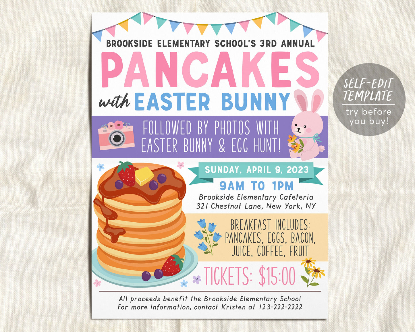 Pancakes with Easter Bunny Flyer Editable Template, Spring Breakfast Brunch Fundraiser Event Poster, School PTO PTA Church Charity Community
