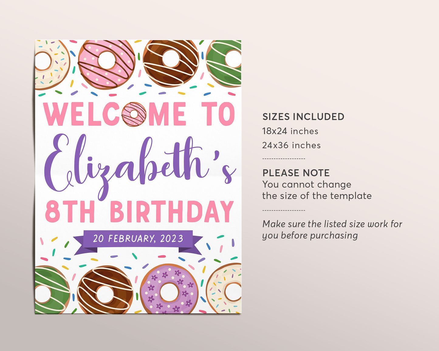 Donut Welcome Sign Girl Donut Party Editable Template, Birthday Party Poster, Doughnut Themed Sprinkles First Birthday Sweet One Decoration