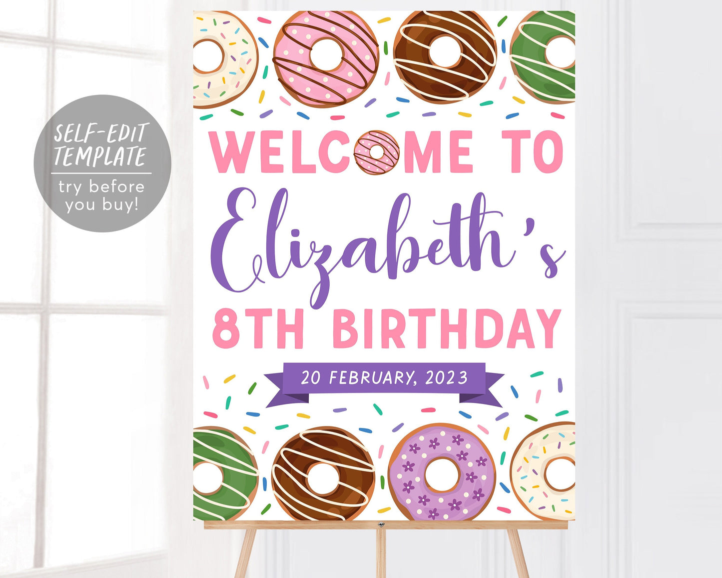 Donut Welcome Sign Girl Donut Party Editable Template, Birthday Party Poster, Doughnut Themed Sprinkles First Birthday Sweet One Decoration